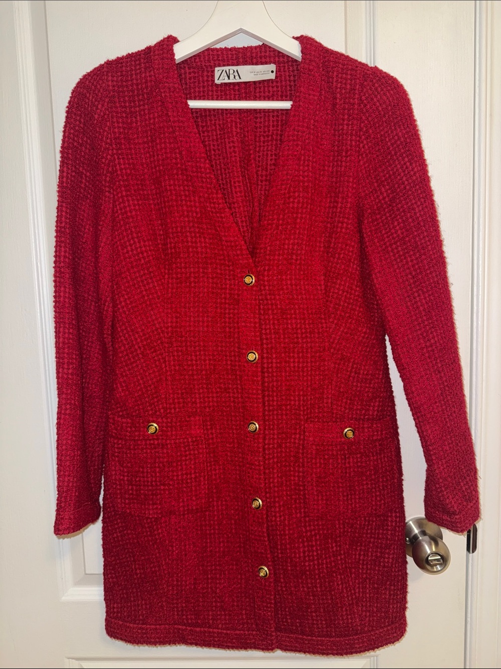 Zara Red bouclé cardigan with gold buttons